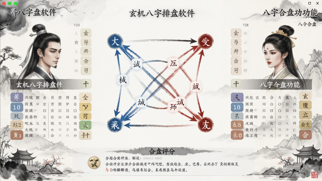 玄机八字排盘软件的八字合盘功能界面截图,界面左右分栏展示男女双方的八字信息,中间以动态连线表示五行生克关系,下方为合盘评分与文字解读,整体设计采用中国风水墨风格,画质细腻,干净无多余元素
