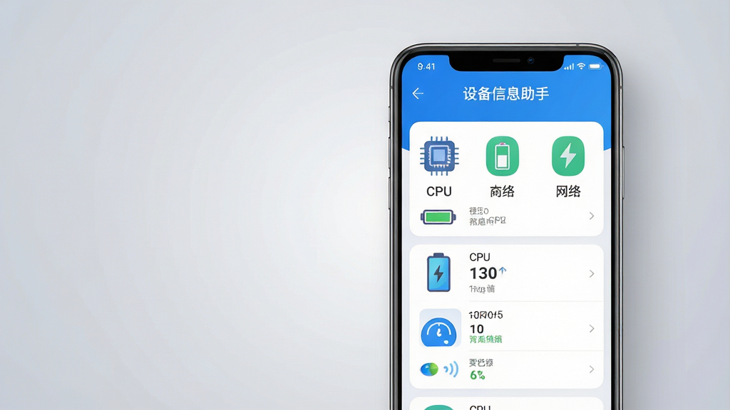 主体:一部现代智能手机屏幕显示“设备信息助手”应用界面,界面内有CPU、电池、网络等图标。布局:手机位于画面中央偏右,左侧留白,整体呈中心构图。排版:手机屏幕内信息列表排列整齐,清晰可读。风格:科技感、扁平化、干净明亮。细节:屏幕显示“设备信息助手”字样,界面以蓝色和白色为主色调,背景为柔和的渐变灰色。画质:8k,超高清,细节丰富,干净,无多余元素。