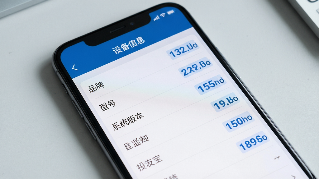 主体:一部手机屏幕展示“设备信息助手”的“设备信息”页面,上面罗列着品牌、型号、系统版本等条目。布局:手机屏幕特写,占据画面主要部分,背景为简洁的浅灰色桌面。排版:信息条目以列表形式排列,每行左侧为参数名称,右侧为具体数值。风格:简洁、专业、数据化。细节:屏幕顶部有“设备信息”标题,部分关键数值用蓝色高亮显示。画质:高清,锐利,干净,无多余元素。