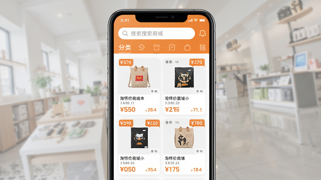 淘特价商城APP主界面展示,手机屏幕内呈现商品瀑布流,顶部搜索栏和分类导航,界面以暖橙色为主色调,整体布局清晰明快,商品卡片整齐排列,价格标签醒目,风格清新简洁,画质高清,干净无多余元素