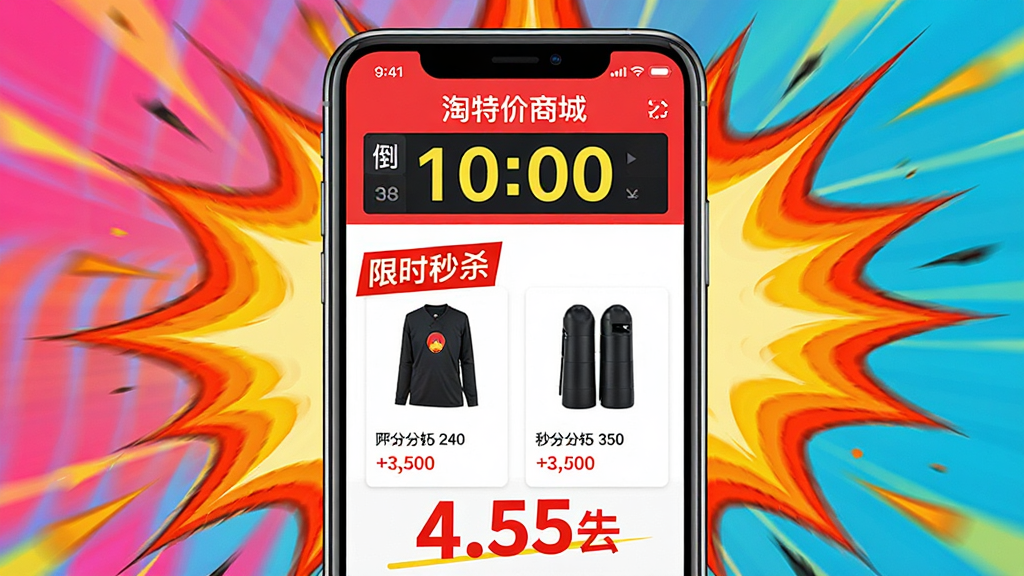 淘特价商城秒杀活动页面,手机屏幕内显示倒计时和商品图片,带有“限时秒杀”标签,价格用红色大字标出,背景有爆炸效果装饰,整体风格活泼,色彩鲜艳,画质清晰,干净无多余元素