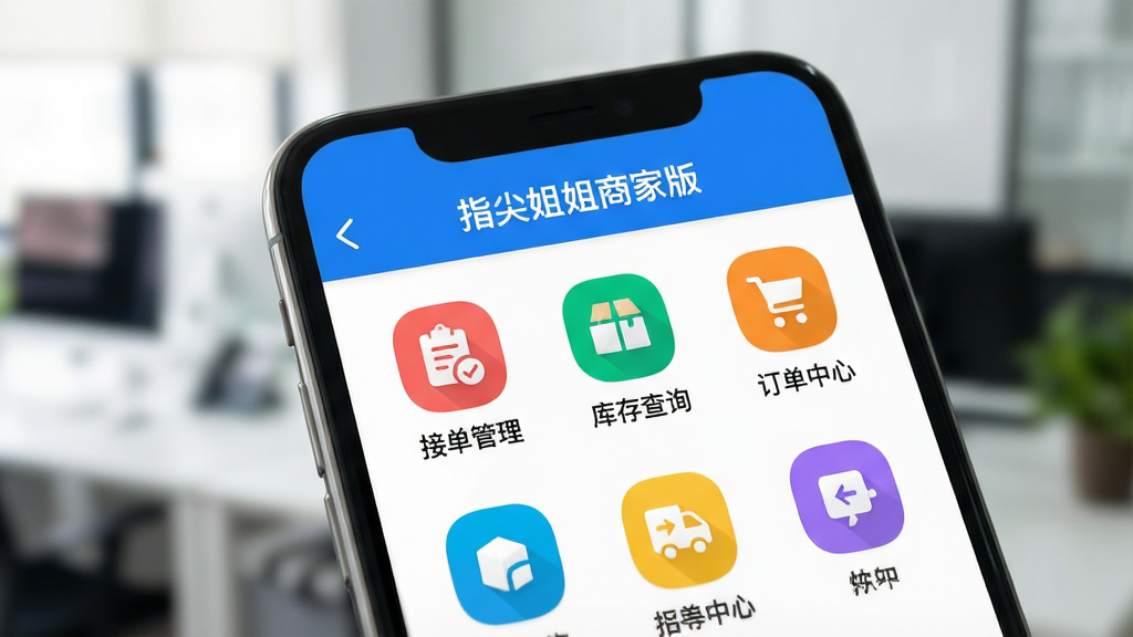 一张智能手机屏幕特写,屏幕中清晰显示“指尖姐姐商家版”的应用主界面,界面以简洁的白色为底,顶部蓝色导航栏,下方整齐排列着“接单管理”、“库存查询”、“订单中心”等彩色图标,整体风格扁平化,现代感强,背景为虚化的办公环境,画面干净明亮,画质高清,细节丰富,无多余元素。