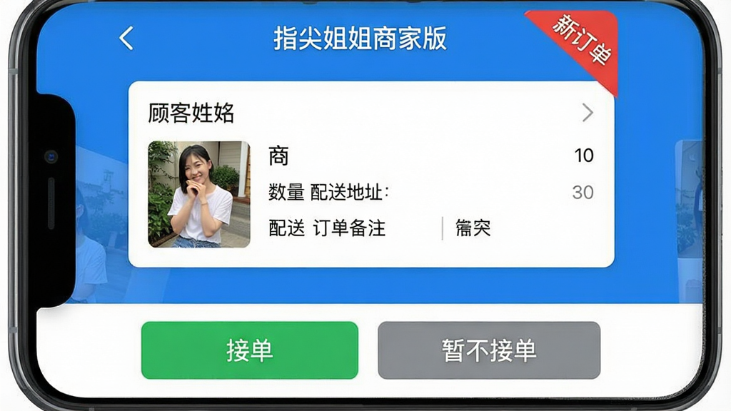 一张手机界面截图,显示“指尖姐姐商家版”的接单页面,顶部为“新订单”红色角标,订单卡片上清晰标注顾客姓名、商品图片、数量、配送地址和订单备注,底部有绿色“接单”和灰色“暂不接单”按钮,界面简洁直观,蓝色主色调,画质清晰,细节丰富,无多余元素。