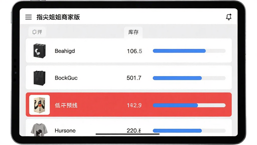 一张平板电脑横屏展示“指尖姐姐商家版”的库存管理界面,屏幕中显示一个商品列表,每行包含商品缩略图、名称、当前库存数字和进度条,其中一项库存低于预警线以红色突出显示,界面布局整齐,浅灰色背景搭配蓝色数据条,画质干净,细节清晰,无多余元素。