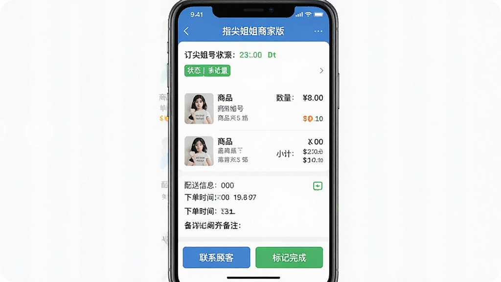 一张智能手机竖屏截图,展示“指尖姐姐商家版”的订单详情页,页面顶部为订单编号和状态标签,中间为商品清单、数量、小计金额,下方为配送信息、下单时间和备注,底部有“联系顾客”和“标记完成”两个按钮,界面信息层级分明,蓝色与绿色点缀,画质清晰,细节丰富。