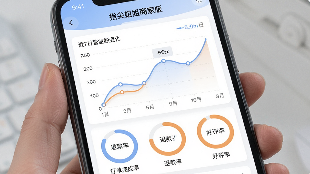 一张手机界面截图,展示“指尖姐姐商家版”的数据统计页面,屏幕中显示一个折线图表示近7日营业额变化,下方为三个圆形进度图分别展示订单完成率、退款率和好评率,图表配色柔和,蓝色和橙色为主,背景为白色,画面简洁,画质高清,细节丰富。