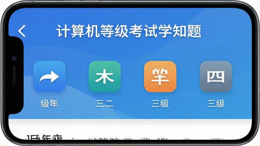 一张展示计算机等级考试学知题App主界面的高清截图,主体为手机屏幕,界面顶部显示“计算机等级考试学知题”字样,下方展示题库分类列表,包括一级、二级、三级、四级科目图标,背景为简洁的蓝色渐变,排版整齐,风格现代,细节清晰,画质高清,干净无多余元素。