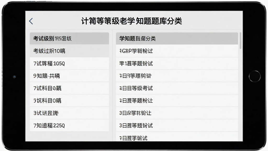 一张展示计算机等级考试学知题题库分类界面的截图,主体为平板电脑,屏幕左侧显示考试级别列表,右侧显示对应科目名称,背景为淡灰色,排版清晰,风格简洁,细节丰富,画质高清,干净无多余元素。