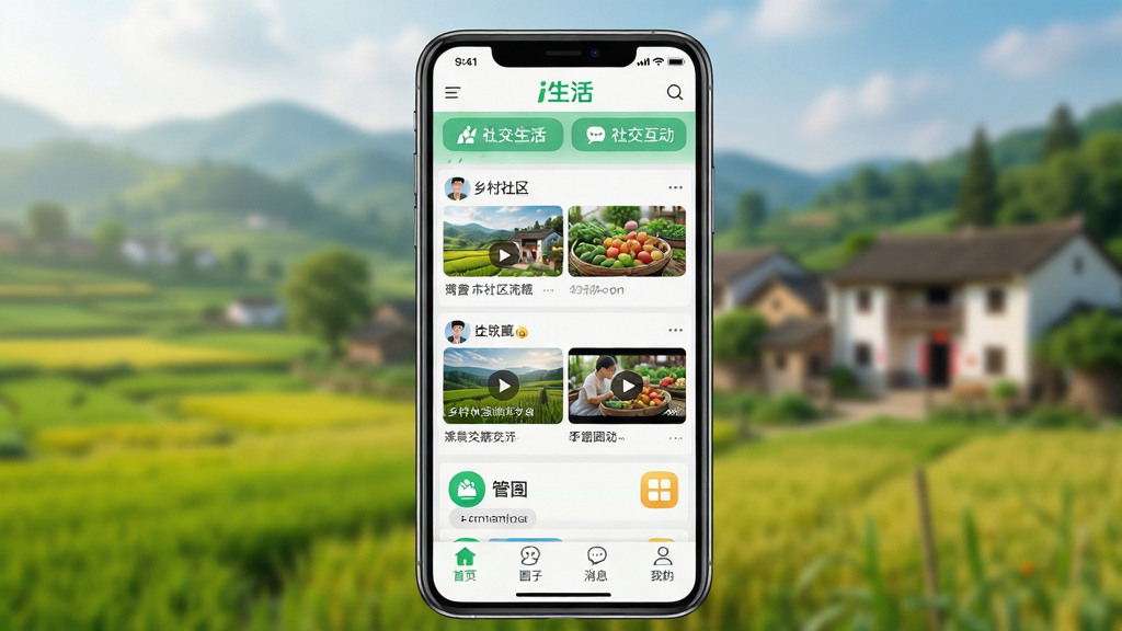 主体:i生活APP界面展示,手机屏幕显示乡村社区信息流、社交互动按钮、圈子管理图标。布局:手机居中,屏幕内容清晰可见,背景为模糊的乡村田园风光。排版:界面元素排列整齐,功能图标分布合理。风格:科技感与乡村自然风格结合,色调清新明亮。细节:屏幕中显示“i生活”Logo,信息流包含图文、视频入口,底部导航栏有首页、圈子、消息、我的。画质:4K高清,干净,无多余元素。