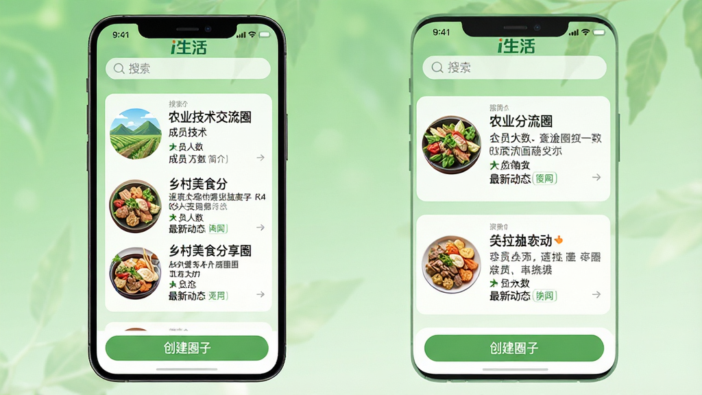 主体:i生活APP的圈子功能页面,展示多个圈子列表,如“农业技术交流圈”、“乡村美食分享圈”。布局:手机界面居中,左侧为圈子头像,右侧为圈子名称和简介,背景为简洁的浅绿色渐变。排版:列表式布局,清晰明了。风格:扁平化设计,自然清新。细节:屏幕顶部有搜索栏,底部有“创建圈子”按钮,每个圈子卡片上有成员人数和最新动态预览,“i生活”Logo出现在状态栏。画质:高清,干净,无多余元素。