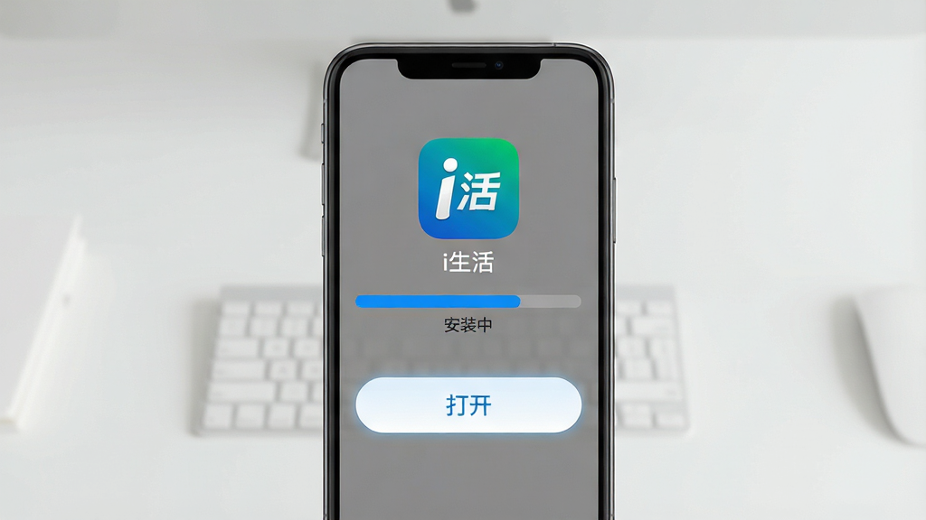 主体:i生活APP在手机上的安装界面,显示安装进度条和“完成”按钮。布局:手机屏幕中央,背景为简洁的桌面。排版:安装进度条醒目,按钮清晰。风格:写实风格。细节:屏幕上方显示“i生活”图标和名称,下方有“安装中”文字,进度条为蓝色,完成后显示“打开”按钮。画质:高清,干净,无多余元素。
