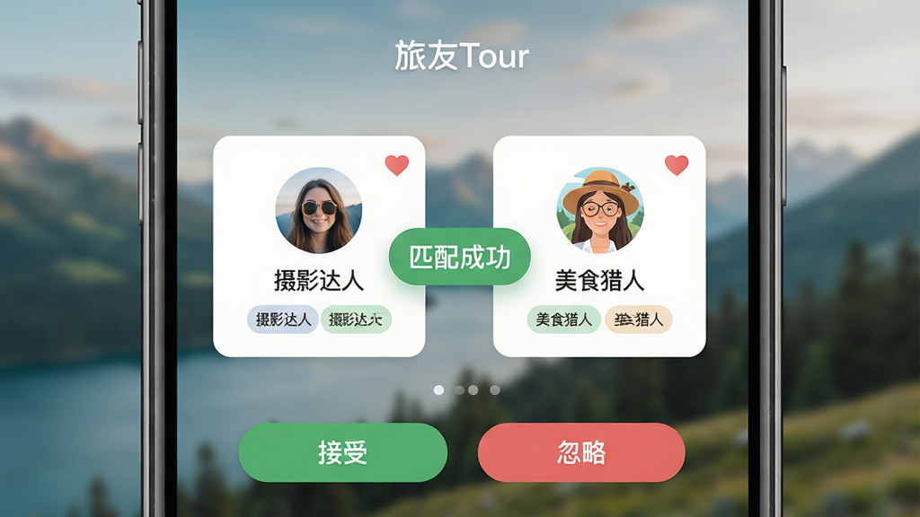���壺�ֻ���Ļչʾ������Tour��������ƥ����ҳ�棬��ʾ�����û���Ƭ���ֱ��ע����Ӱ���ˡ��͡���ʳ���ˡ����м��С�ƥ��ɹ������������֣���Ƭ���У�����Ϊģ���ķ羰��Ƭ���ײ��С����ܡ��͡����ԡ���ť���Ű棺��Ƭ��Ϣ���룬ͷ���ǳơ���Ȥ��ǩһĿ��Ȼ�����������Ȼ��ɫ����ͣ�ϸ�ڣ���Ƭ�ϴ���С����ͼ�꣬��������΢����Ч�������ʣ����壬�ɾ����޶���Ԫ��