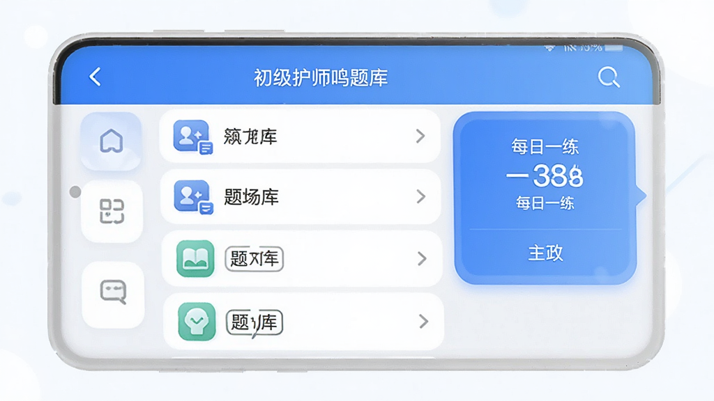 初级护师鸣题库APP主界面截图,展示题库分类列表和每日一练入口,界面以蓝白为主色调,简洁清晰,图标圆润,风格现代,画质高清,干净无多余元素