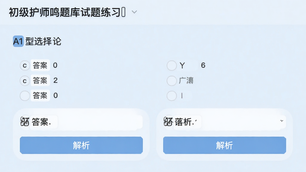初级护师鸣题库试题练习界面,显示A1型选择题,答案选项下方有解析按钮,背景淡蓝色,文字清晰,排版整齐,画质细腻,干净无多余元素