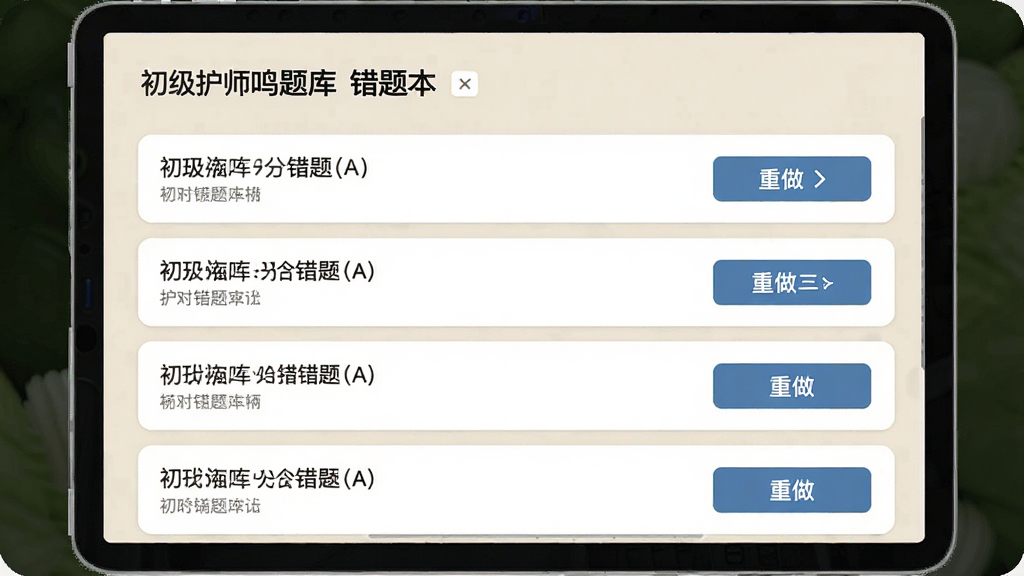 初级护师鸣题库错题本界面,显示错题列表和重做按钮,背景米色,卡片式布局,字体清晰,风格简洁,画质干净,无多余元素