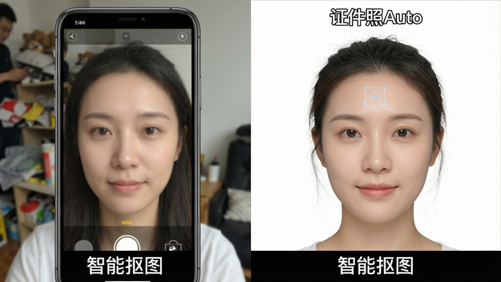 一张对比式产品功能展示图,左侧为普通手机拍摄的杂乱背景人像,右侧为使用“证件照Auto”处理后的成品,人物轮廓被完美抠出,边缘细节如发丝清晰可见,背景被替换为均匀的白色,面部光线均匀,肤色自然,图片下方标注“智能抠图”字样,整体风格专业简洁,画质高清,排版对比鲜明,无多余杂物。