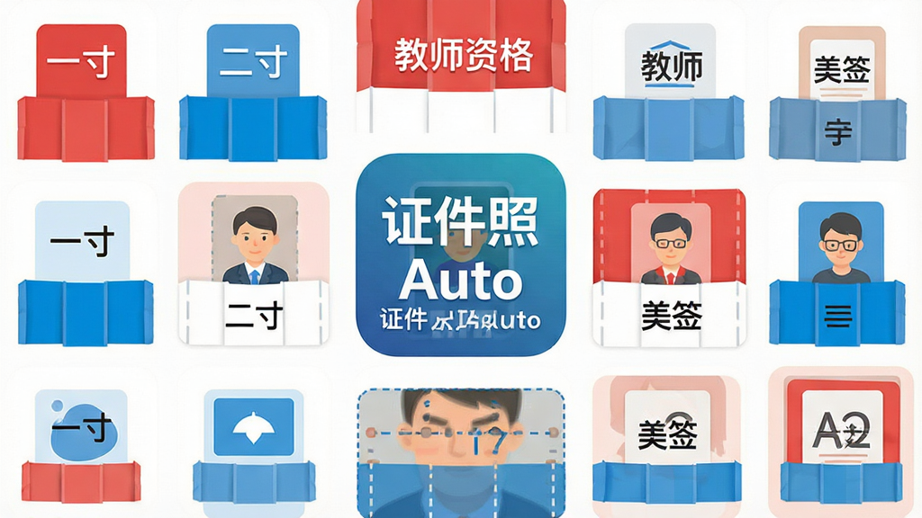 一张扁平化风格的功能图标墙插画,中央是“证件照Auto”软件图标,周围整齐排列着各种尺寸标签图标,如“一寸”、“二寸”、“教师资格”、“美签”等,每个图标下方有对应的色块背景(红、蓝、白),整体色彩明快,布局规整,画质干净,无多余元素,突出尺寸与背景模板的多样性。