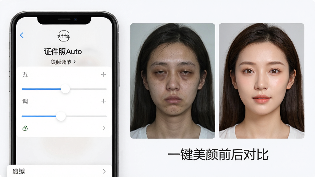 一张分步操作示意图,画面左侧是操作界面,显示“证件照Auto”的美颜调节滑杆,右侧并排展示两张人像对比图,一张略显疲惫,一张经过自然美颜后气色红润、五官立体,图片下方标注“一键美颜前后对比”,整体风格清晰直观,画质细腻,排版有序,无多余元素。