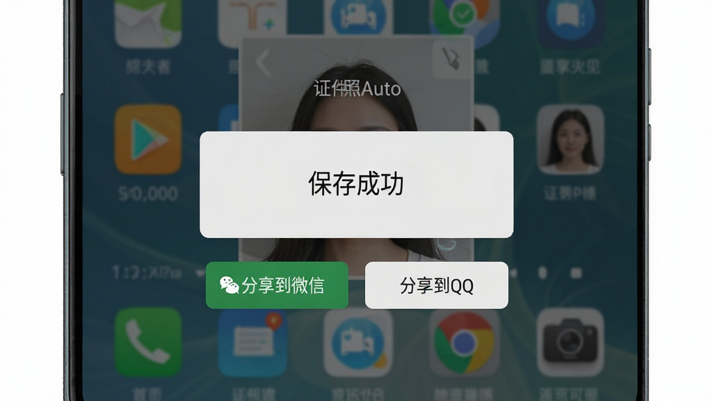 一张手机截图风格的插画,画面展示“证件照Auto”在安卓手机上的运行状态,屏幕内显示“保存成功”的弹窗,背景是模糊的手机桌面,弹窗下方有“分享到微信”、“分享到QQ”等按钮,整体风格写实,细节丰富,画质清晰,无多余元素。