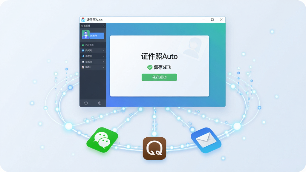 一张动态流程演示图,画面中央是“证件照Auto”软件界面,显示“保存成功”提示,下方有多个社交软件图标(微信、QQ、邮件)呈弧形排列,周围有象征数据传输的光点线条连接,整体风格科技感与现代感结合,画质干净明亮,布局清晰,无多余元素。