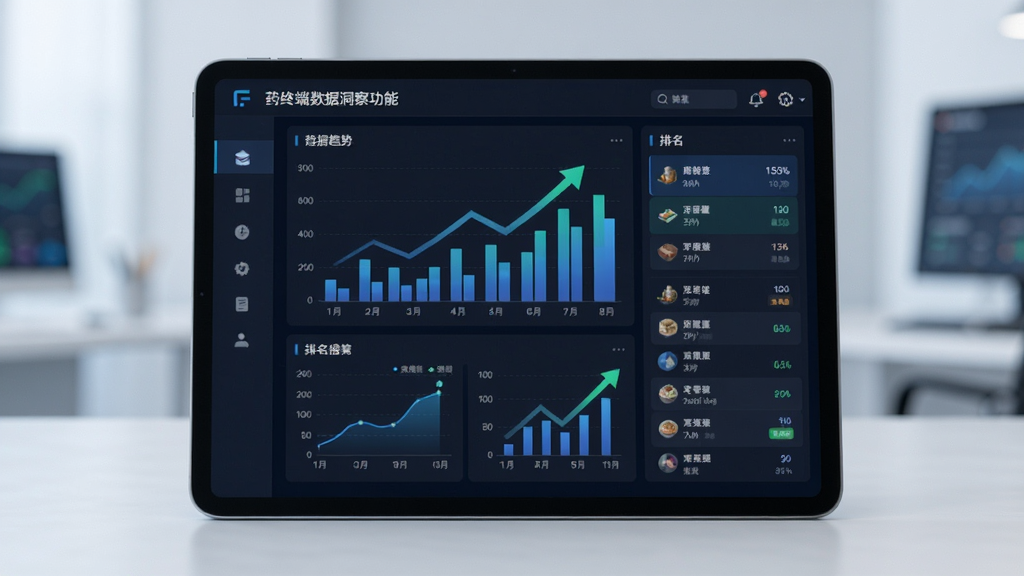药终端数据洞察功能展示图,主体为平板电脑显示趋势图表与排名列表,布局采用仪表盘风格,排版数据密集但有条理,风格为简约科技风,细节包含柱状图和增长箭头,画质清晰,干净,无多余元素