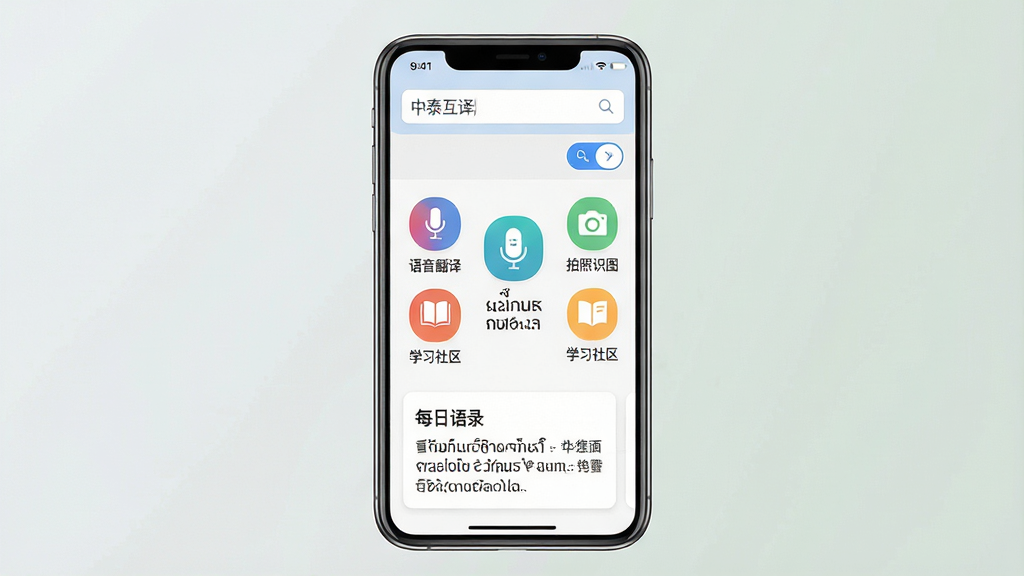画面主体为一部智能手机屏幕显示笔译站应用主界面,界面顶部有“中泰互译”输入框和语言切换按钮,中间排列着“语音翻译”“拍照识图”“学习社区”等彩色功能图标,下方是“每日语录”卡片。布局采用垂直居中构图,界面元素清晰,排版简洁现代,风格为扁平化UI设计,细节包含泰语字符和中文对照文本,画质高清干净无多余元素。