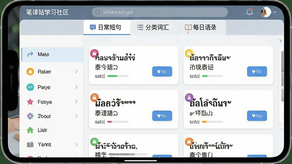 画面主体为笔译站学习社区页面,顶部导航栏显示“日常短句”“分类词汇”“每日语录”三个标签页,中央是列表形式展示的泰语短句卡片,每张卡片包含泰文、中文翻译和发音按钮。布局采用左右分栏,左侧为分类菜单,右侧为内容列表,风格为清新简洁的移动端界面,细节包含彩色分类图标和进度条,画质高清干净无多余元素。