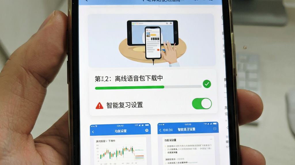 画面主体为手机竖屏显示笔译站使用指南界面,屏幕中展示“离线语音包下载中”进度条和“智能复习设置”开关。布局采用步骤式图文排列,上方为安装示意图,下方为功能设置截图,风格为简洁的说明文档风格,细节包含绿色对勾和红色警告图标,画质高清干净无多余元素。
