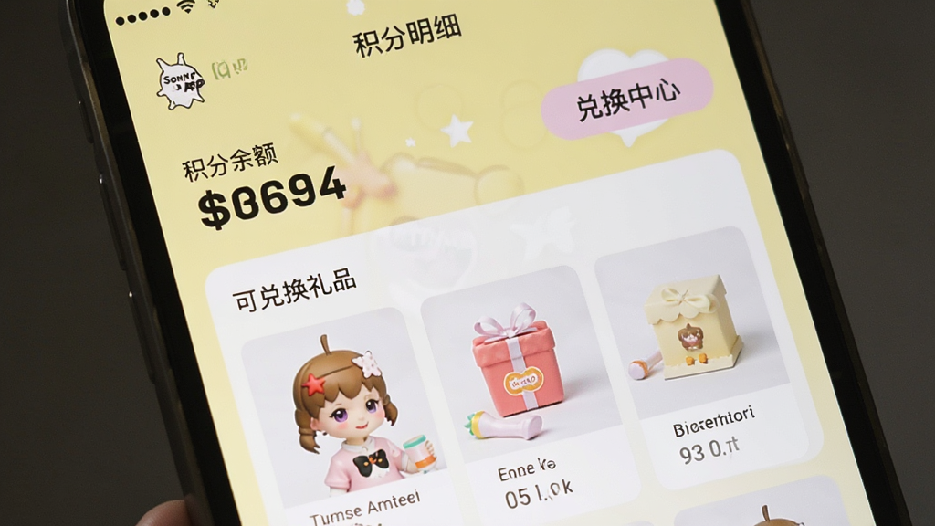 主体为Sonny Angel App的积分页面截图,展示积分余额和可兑换礼品列表,背景为浅黄色,界面布局清晰,包含“积分明细”“兑换中心”等按钮,风格简约温馨,细节丰富,画质清晰,干净无多余元素