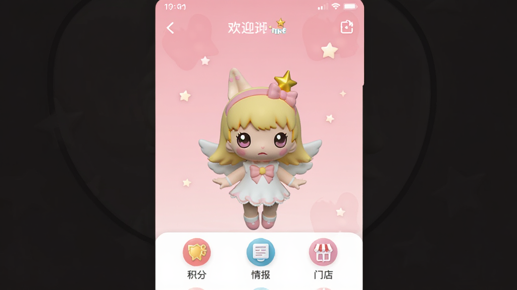 主体为Sonny Angel品牌官方App的欢迎界面,居中显示一个可爱的Sonny Angel小天使公仔形象,背景为柔和粉色渐变,界面简洁现代,包含“积分”“情报”“门店”等图标,排版清晰,风格清新可爱,细节精致,画质高清,干净无多余元素