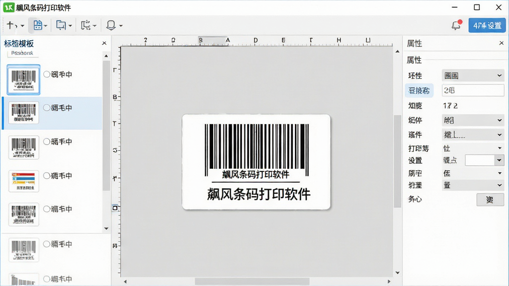 主体:飚风条码打印软件主界面,布局:左侧为标签模板列表,中间为可视化编辑画布,右侧为属性设置面板,排版:清晰的功能分区,顶部为菜单栏和快捷工具按钮,风格:现代简约的软件界面设计,细节:画布上显示一个带有条形码和文字的商品标签,文字内容为“飚风条码打印软件”,画质:4K高清,干净,无多余元素