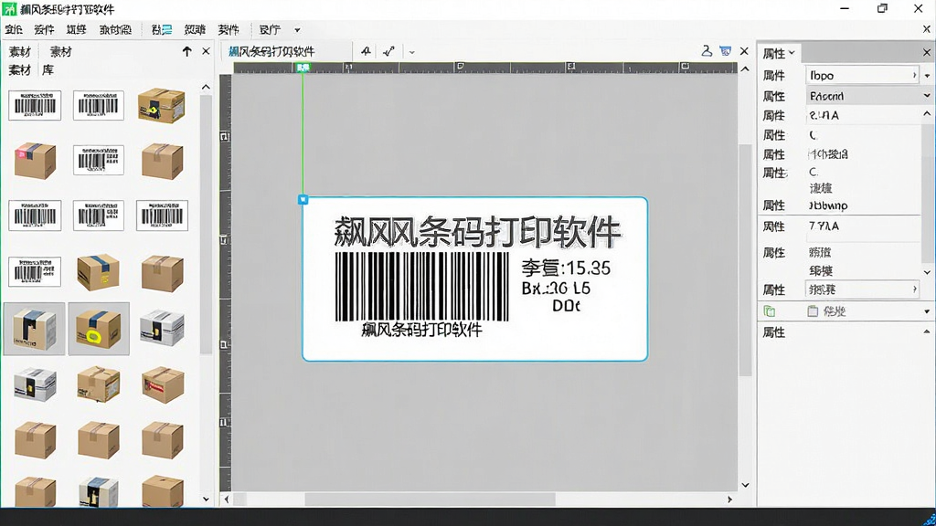 主体:飚风条码打印软件的标签设计界面,布局:左侧为素材库,中间为编辑区域,右侧为属性栏,排版:编辑区域内有一个正在编辑的标签,包含条形码和文字,风格:明亮清晰的软件截图风格,细节:标签上文字为“飚风条码打印软件”,画质:高清晰度,干净,无多余元素