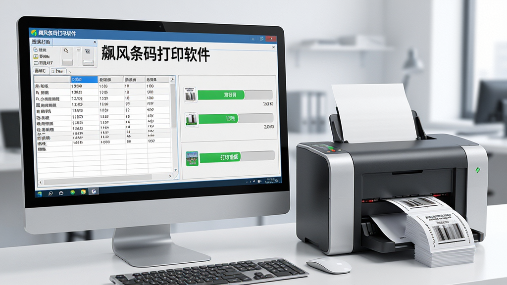 主体:飚风条码打印软件的批量打印功能演示,布局:电脑屏幕显示软件界面,旁边有一台正在打印标签的打印机,排版:界面中有一个数据表格和打印进度条,风格:写实与科技感结合,细节:屏幕上显示“飚风条码打印软件”字样,打印出的标签堆叠整齐,画质:高清,干净,无多余元素