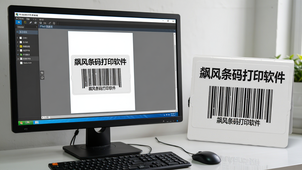 主体:飚风条码打印软件的打印预览界面,布局:电脑屏幕显示软件打印预览,旁边有打印出的标签实物,排版:屏幕上的标签与实物标签内容一致,风格:真实场景拍摄风格,细节:标签上印有“飚风条码打印软件”字样和条形码,画质:高清,干净,无多余元素