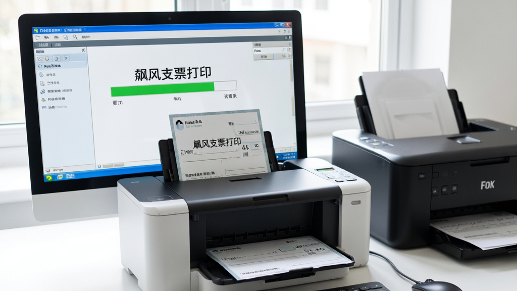 展示“飚风支票打印”软件在电脑上打印支票的实拍场景,打印机中露出一张打印好的支票,屏幕上显示打印进度条,画面明亮,布局为电脑屏幕和打印机居中,风格为写实摄影,细节清晰,画质干净无多余元素。