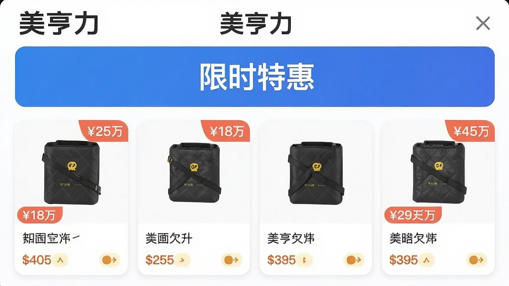一张美亨力APP的“每日折扣”页面预览图,页面上方有“美亨力”字样和“限时特惠”标题,下方排列多张商品卡片,带有价格和折扣标签,整体布局清爽,风格电商风,细节丰富,画质干净,无多余元素