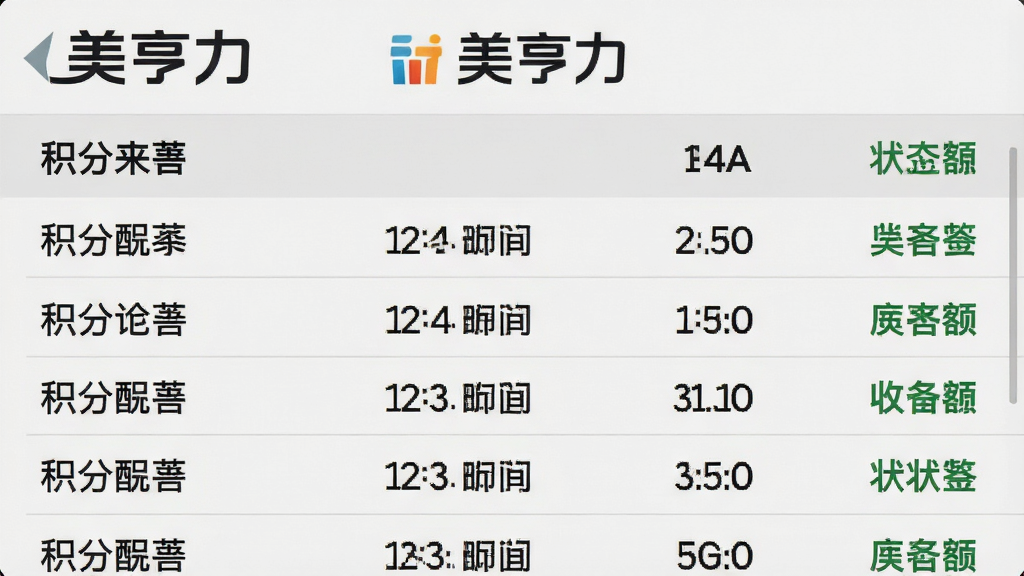 一张美亨力APP的“积分明细”列表截图,每行显示积分来源、时间、金额和状态,列表上方有“美亨力”Logo,背景为浅灰色,布局整齐,风格数据清晰,细节精确,画质高清,无多余元素