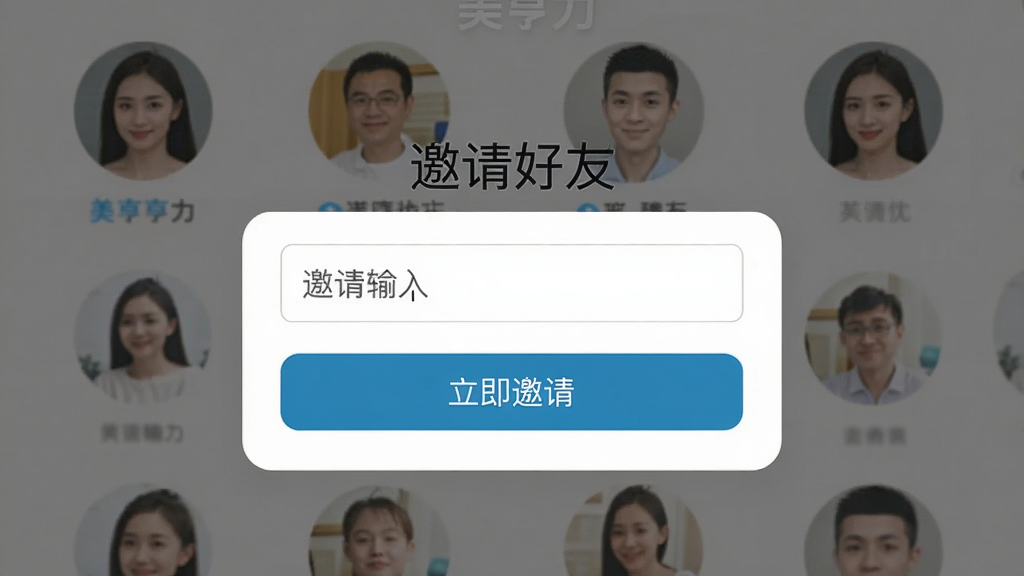 一张美亨力APP的“邀请好友”界面示意图,画面中央是邀请码输入框和“立即邀请”按钮,背景有多个好友头像图标,布局居中,风格简约,细节日常,画质干净,无多余元素