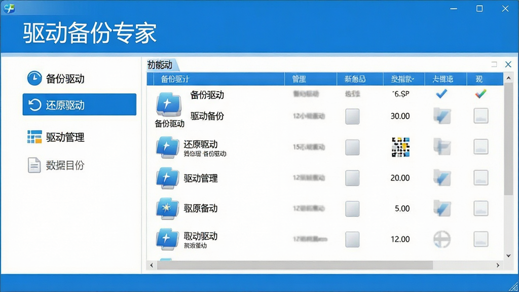 一张展示驱动备份专家软件主界面的高清图片,界面清晰显示“驱动备份专家”字样,左侧功能列表包含“备份驱动”、“还原驱动”、“驱动管理”等选项,右侧为驱动列表,整体风格简洁现代,配色以蓝色和白色为主,画质干净,无多余元素