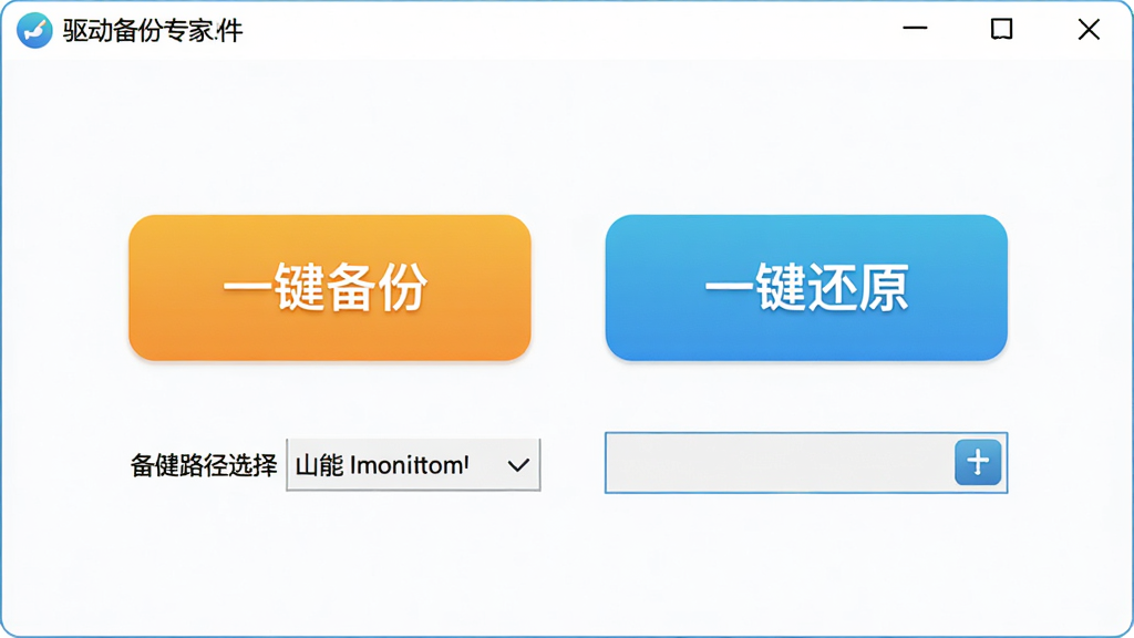 驱动备份专家软件一键备份与还原功能的操作界面,界面中央有两个大按钮,左侧为“一键备份”,右侧为“一键还原”,按钮下方有备份路径选择框,整体设计简洁,色彩明亮,画质干净,无多余元素