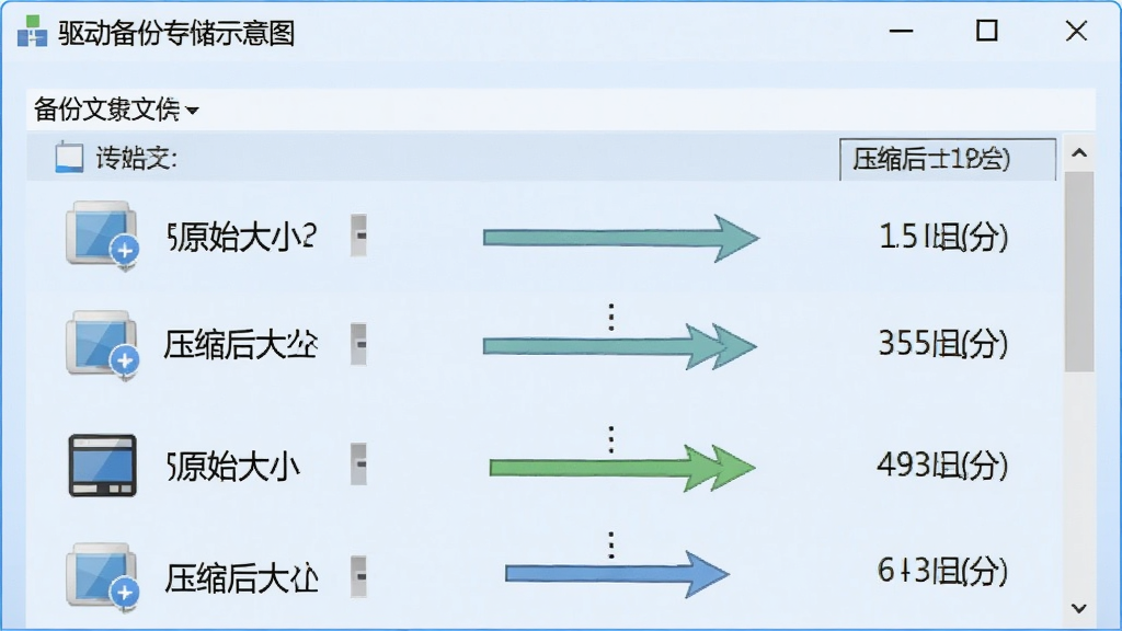 驱动备份专家软件驱动压缩存储功能示意图,界面显示备份文件列表,每个文件后显示原始大小与压缩后大小,并用箭头对比,背景为浅蓝色,整体风格清爽,画质干净,无多余元素