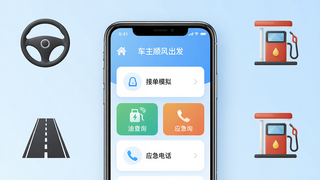 һ�������ֻ���Ļչʾ������˳�������App�����棬����������ʾ���ӵ�ģ�⡱�����ͼ۲�ѯ������Ӧ���绰���ȹ���ģ�飬����Ϊ����ǳ��ɫ���䣬�ֻ����аڷţ���Χ�����������̡���·������վ��ͼ��Ԫ�أ��������ִ���Լ�����ʸ��壬�ɾ��޶���Ԫ��