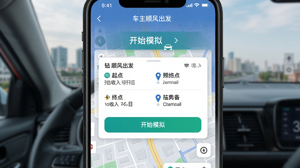 �ֻ�����չʾ������˳�������App�Ľӵ�ģ�⹦�ܣ���Ļ����ʾһ��ģ�ⶩ����Ƭ��������㡢�յ㡢Ԥ���������Ϣ���Ϸ��С���ʼģ�⡱��ť������Ϊ���е�·��ͼ��������дʵ���������ʸ��壬���ֺ������޶���Ԫ��