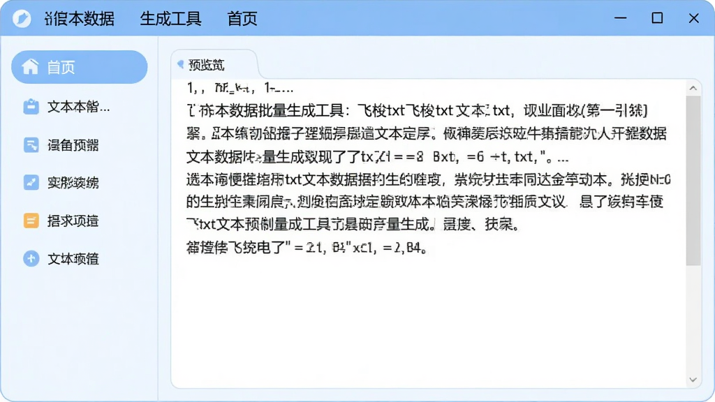 飞梭txt文本数据批量生成工具主界面,左侧功能导航栏,右侧大面积的文本预览区域,顶部为菜单栏,整体采用现代简约的浅蓝与白色配色,界面清晰整洁,图标圆润,中文字体清晰,画质干净,无多余元素