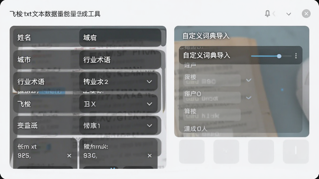 飞梭txt文本数据批量生成工具的变量选择面板,展示着姓名、城市、行业术语等分类,右侧为自定义词典导入区域,界面采用卡片式布局,色彩柔和,画质干净,无多余元素
