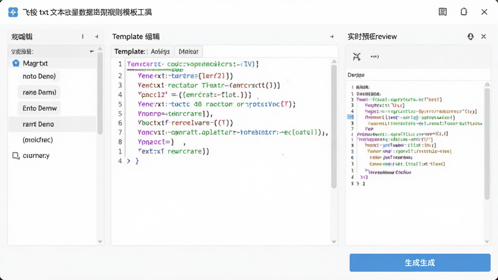 飞梭txt文本数据批量生成工具的规则模板编辑界面,左侧为变量列表,中间为模板编辑区,带有彩色语法高亮,右侧为实时预览窗口,底部为生成按钮,整体UI明亮清晰,画质干净,无多余元素