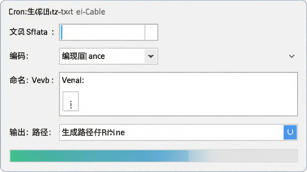 飞梭txt文本数据批量生成工具的输出设置界面,包含文件数量输入框、编码选择下拉菜单、命名规则预览以及输出路径选择,下方有进度条显示生成状态,界面简洁明了,画质干净,无多余元素