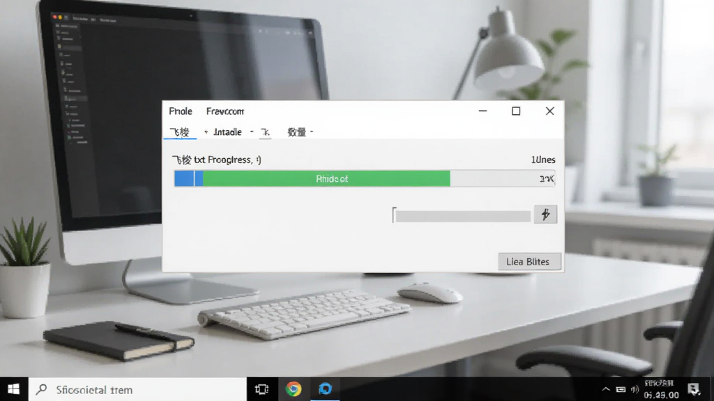 飞梭txt文本数据批量生成工具在Windows电脑上运行的截图,界面清晰,显示着生成进度条,背景为现代办公桌,画质干净,无多余元素