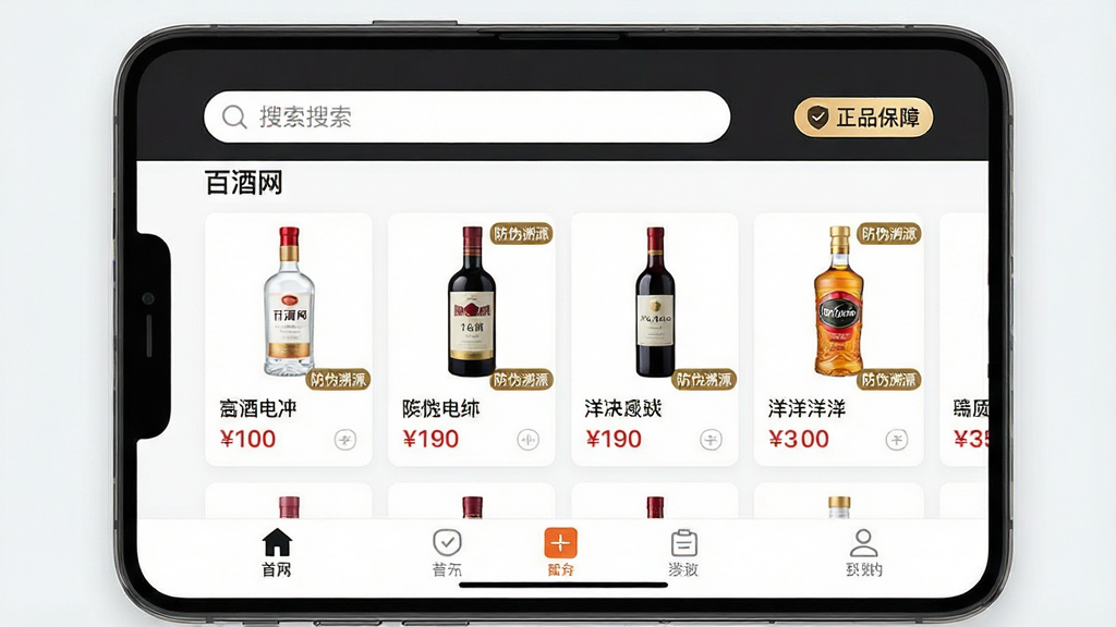 一幅现代简约风格的电商app界面预览图,主体是百酒网APP的首页截图,顶部有搜索栏和“正品保障”标识,中部展示多款白酒、红酒、洋酒的商品卡片,卡片上有价格和“防伪溯源”小标签,下方有底部导航栏。布局清晰,排版规整,风格干净明亮,细节丰富,画质高清,无多余元素。