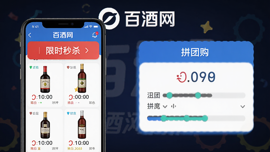 展示百酒网APP内“限时秒杀”和“拼团购”功能界面的图片,主体是手机屏幕上的倒计时特价商品列表和拼团进度条,背景有“百酒网”logo。布局为上下排列,排版清晰,风格活泼,细节真实,画质清晰,无多余元素。